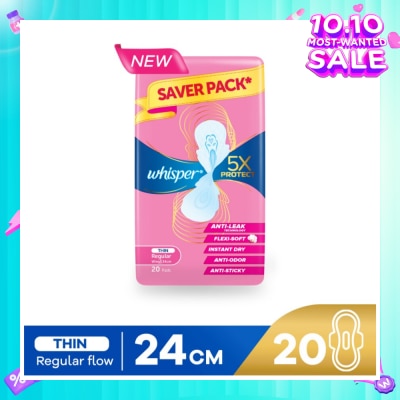 WHISPER 5x Protect Thin Regular Sanitary Pad Wings 24cm 20s