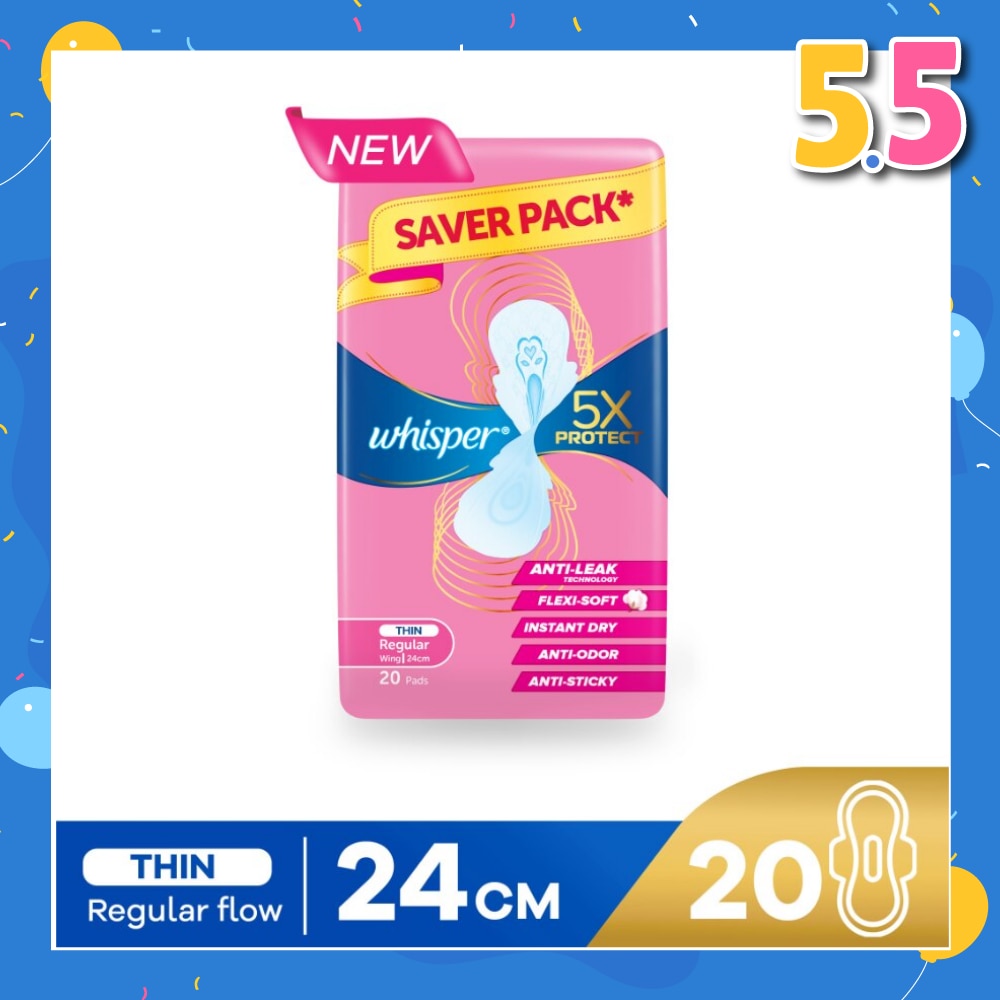 5x Protect Thin Regular Sanitary Pad Wings 24cm 20s