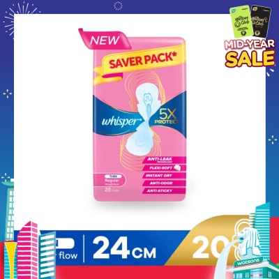 WHISPER 5x Protect Thin Regular Sanitary Pad Wings 24cm 20s