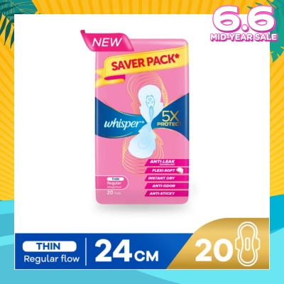 WHISPER 5x Protect Thin Regular Sanitary Pad Wings 24cm 20s