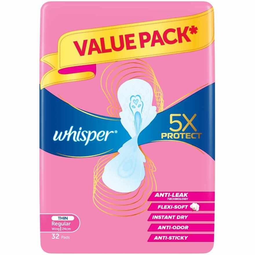 5x Protect Thin Regular Sanitary Pad Wings 24cm 32s