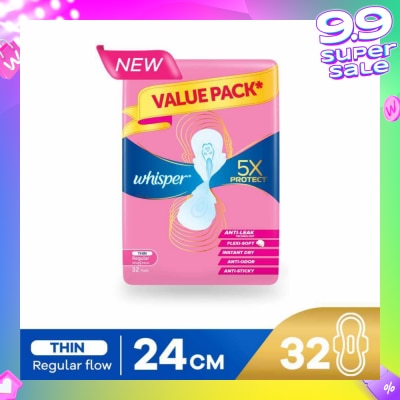 WHISPER 5x Protect Thin Regular Sanitary Pad Wings 24cm 32s