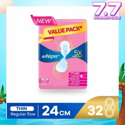 WHISPER 5x Protect Thin Regular Sanitary Pad Wings 24cm 32s