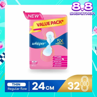 WHISPER 5x Protect Thin Regular Sanitary Pad Wings 24cm 32s