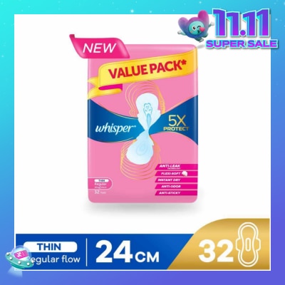 WHISPER 5x Protect Thin Regular Sanitary Pad Wings 24cm 32s