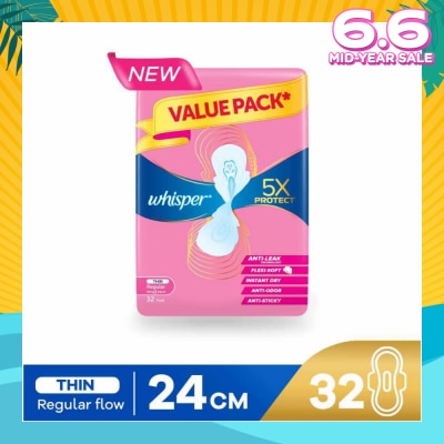 WHISPER 5x Protect Thin Regular Sanitary Pad Wings 24cm 32s