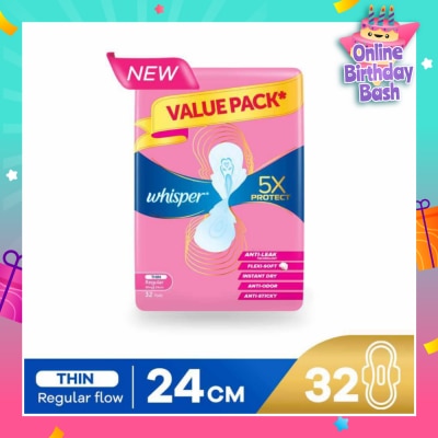 WHISPER 5x Protect Thin Regular Sanitary Pad Wings 24cm 32s