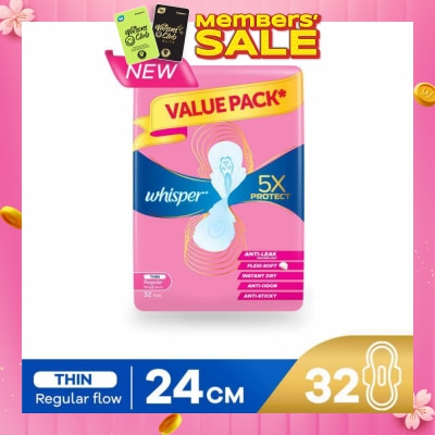 WHISPER 5x Protect Thin Regular Sanitary Pad Wings 24cm 32s