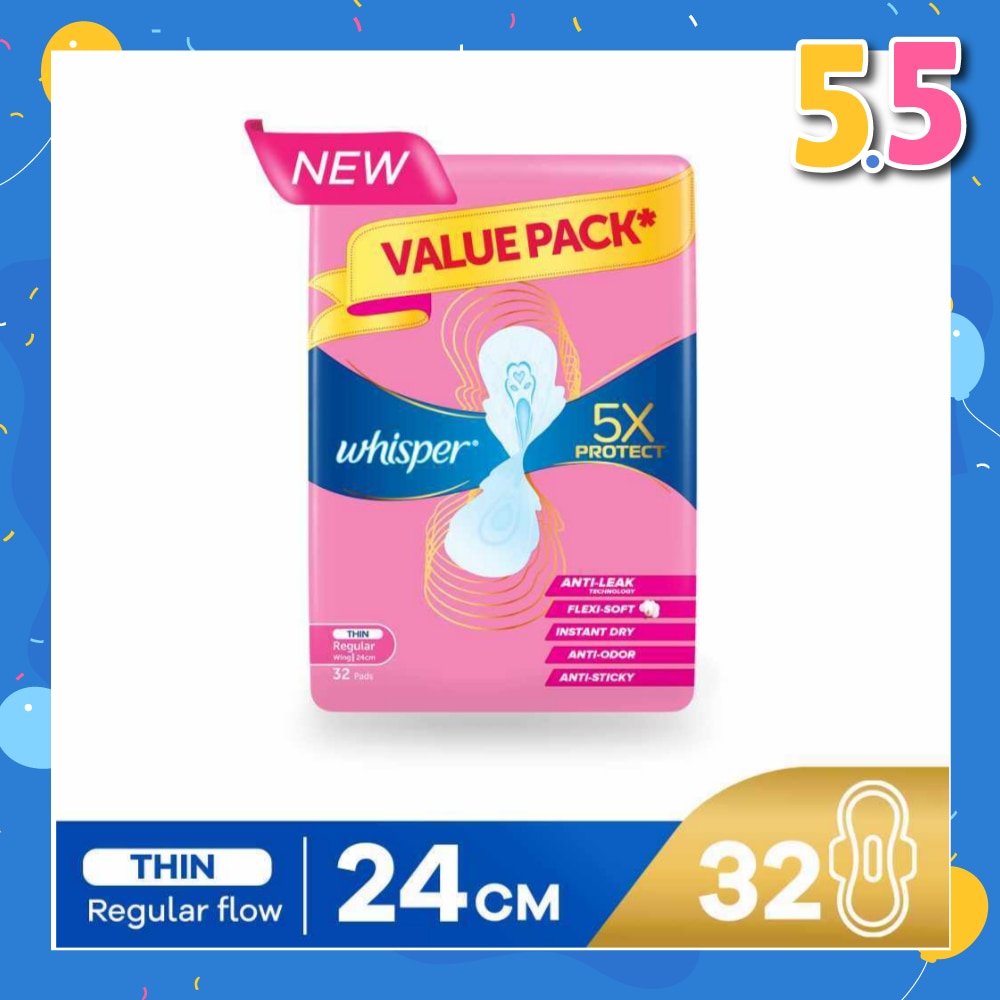5x Protect Thin Regular Sanitary Pad Wings 24cm 32s