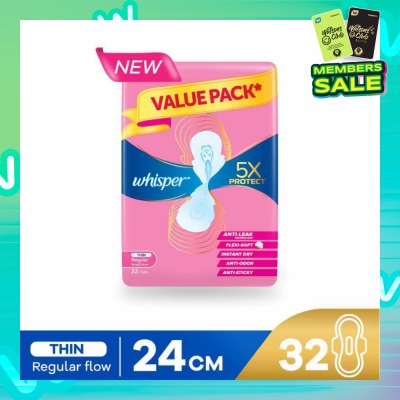 WHISPER 5x Protect Thin Regular Sanitary Pad Wings 24cm 32s