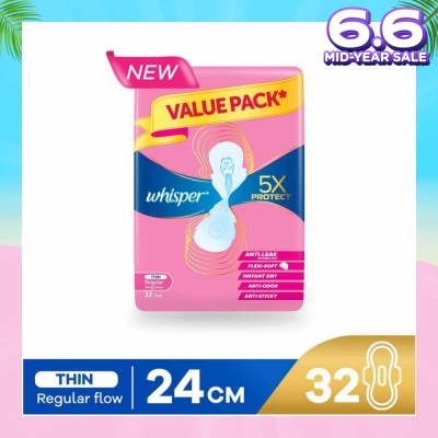 WHISPER 5x Protect Thin Regular Sanitary Pad Wings 24cm 32s