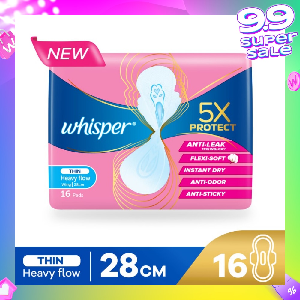 5x Protect Thin Heavy Sanitary Pad Wings 28cm 16s