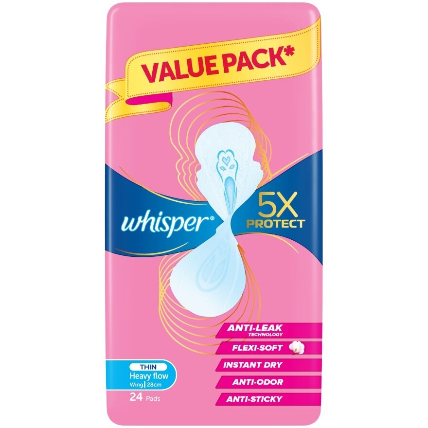 5x Protect Thin Heavy Flow Sanitary Pad Wings 28cm 24s