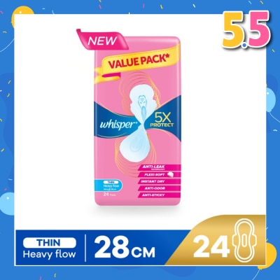 WHISPER 5x Protect Thin Heavy Flow Sanitary Pad Wings 28cm 24s