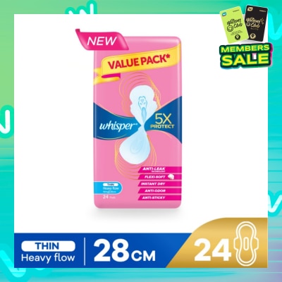 WHISPER 5x Protect Thin Heavy Flow Sanitary Pad Wings 28cm 24s