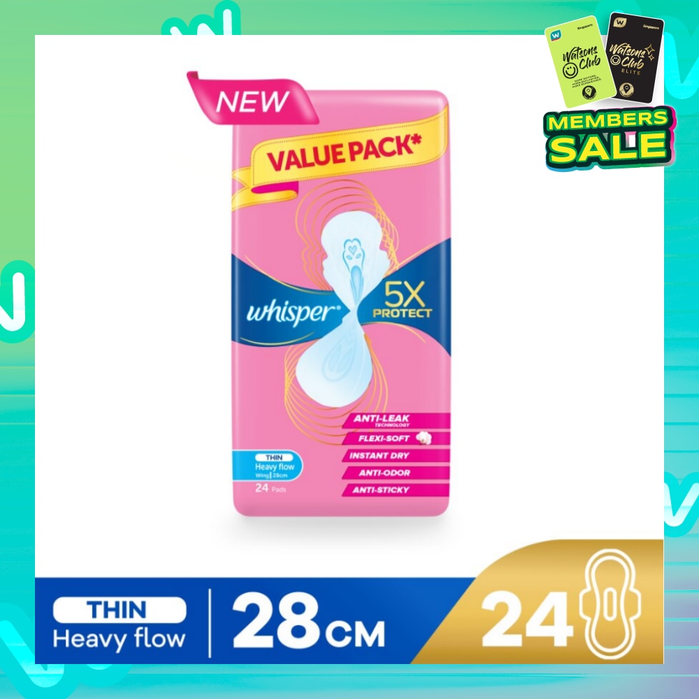 5x Protect Thin Heavy Flow Sanitary Pad Wings 28cm 24s