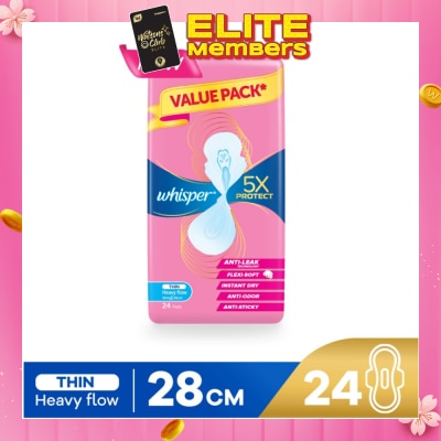 WHISPER 5x Protect Thin Heavy Flow Sanitary Pad Wings 28cm 24s