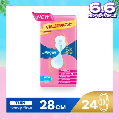 WHISPER 5x Protect Thin Heavy Flow Sanitary Pad Wings 28cm 24s
