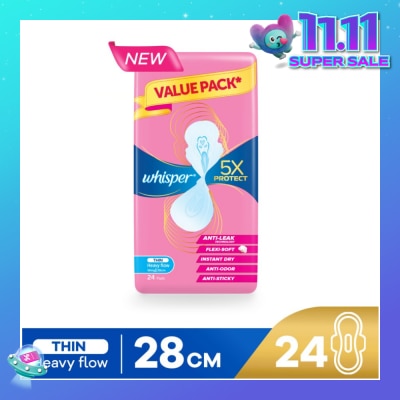 WHISPER 5x Protect Thin Heavy Flow Sanitary Pad Wings 28cm 24s