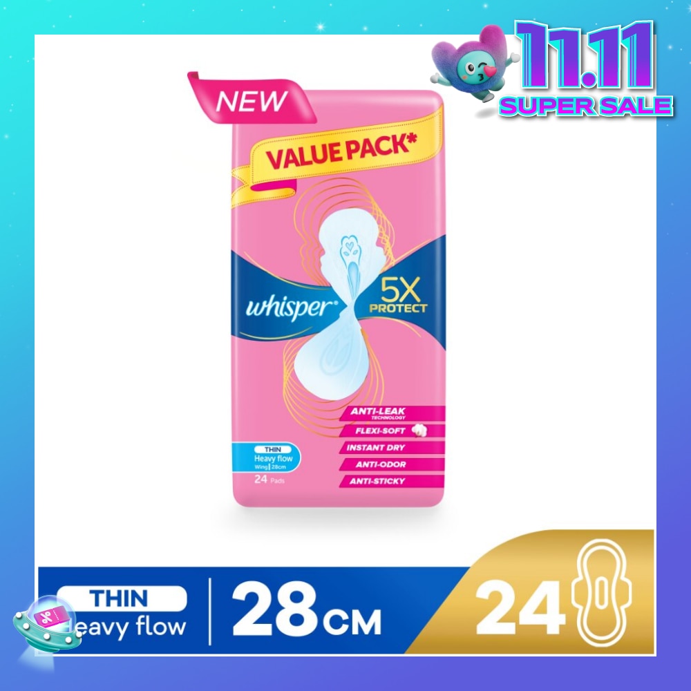 5x Protect Thin Heavy Flow Sanitary Pad Wings 28cm 24s