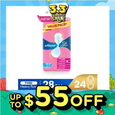 WHISPER 5x Protect Thin Heavy Flow Sanitary Pad Wings 28cm 24s