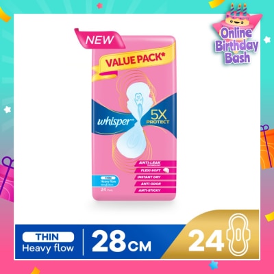 WHISPER 5x Protect Thin Heavy Flow Sanitary Pad Wings 28cm 24s