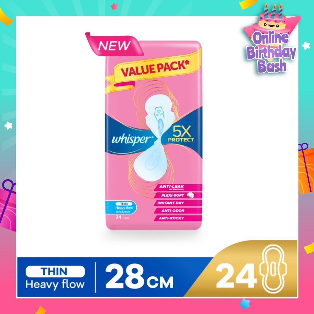 5x Protect Thin Heavy Flow Sanitary Pad Wings 28cm 24s