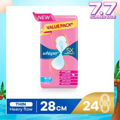 WHISPER 5x Protect Thin Heavy Flow Sanitary Pad Wings 28cm 24s