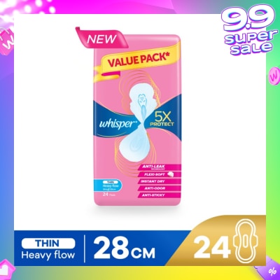 WHISPER 5x Protect Thin Heavy Flow Sanitary Pad Wings 28cm 24s