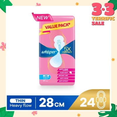 WHISPER 5x Protect Thin Heavy Flow Sanitary Pad Wings 28cm 24s