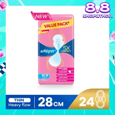 WHISPER 5x Protect Thin Heavy Flow Sanitary Pad Wings 28cm 24s