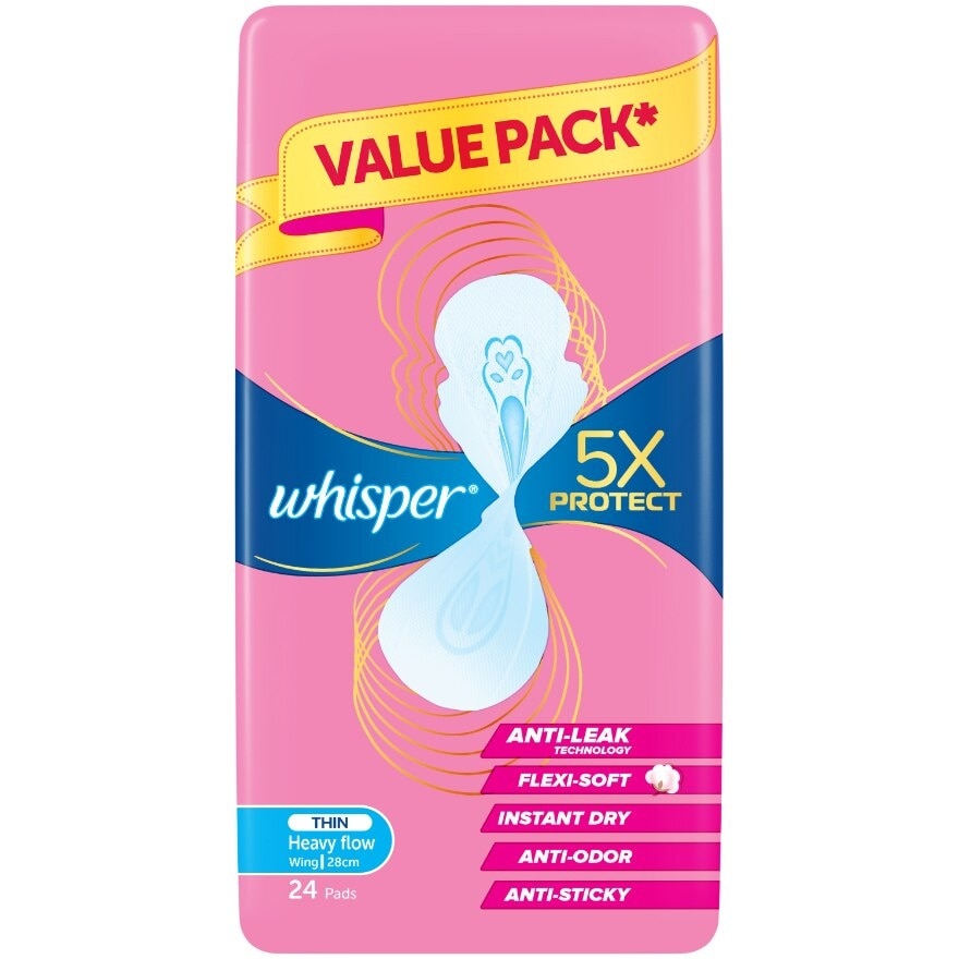 5x Protect Thin Heavy Flow Sanitary Pad Wings 28cm 24s