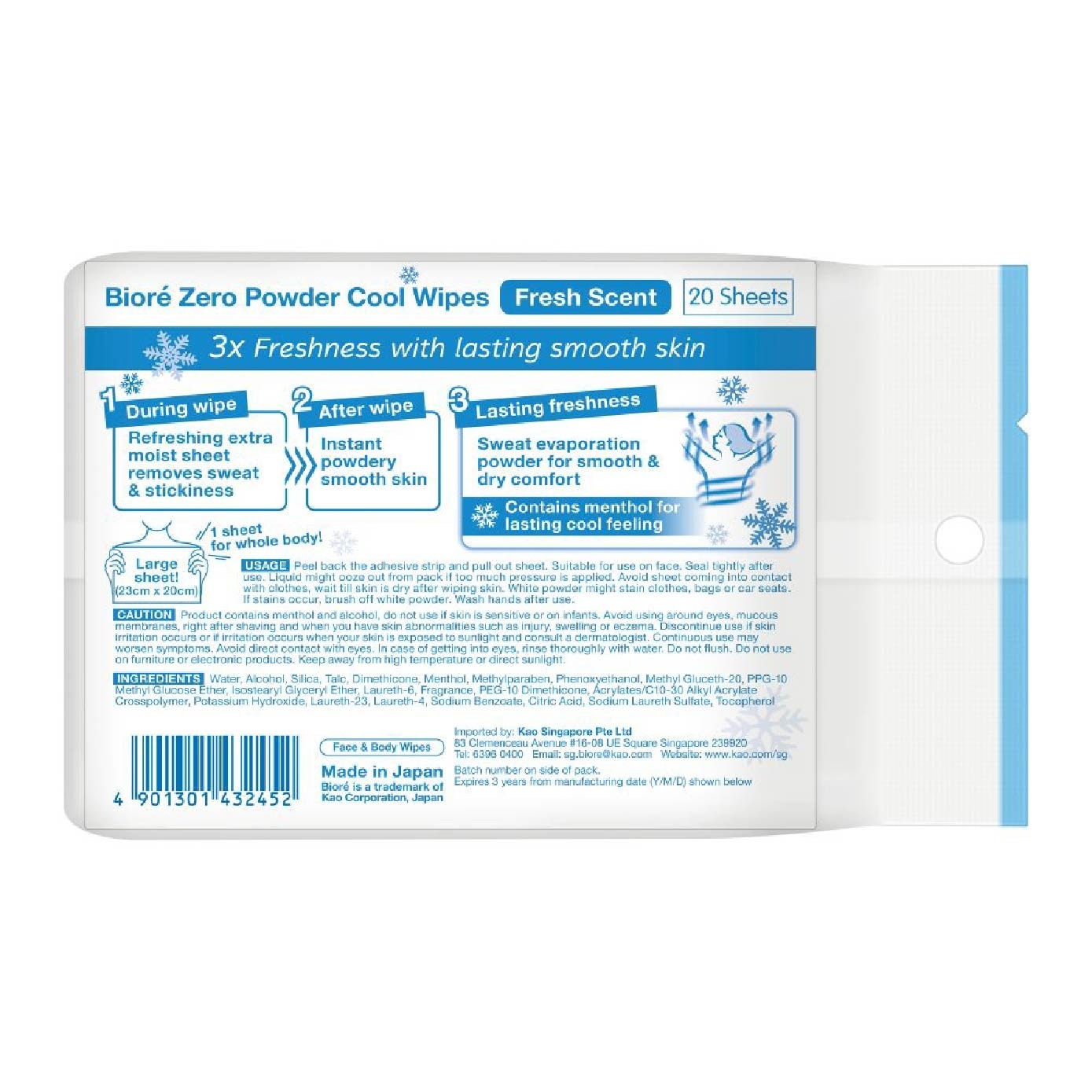 Zero Face & Body Powder Wipes Sheet Fresh Scent 20s