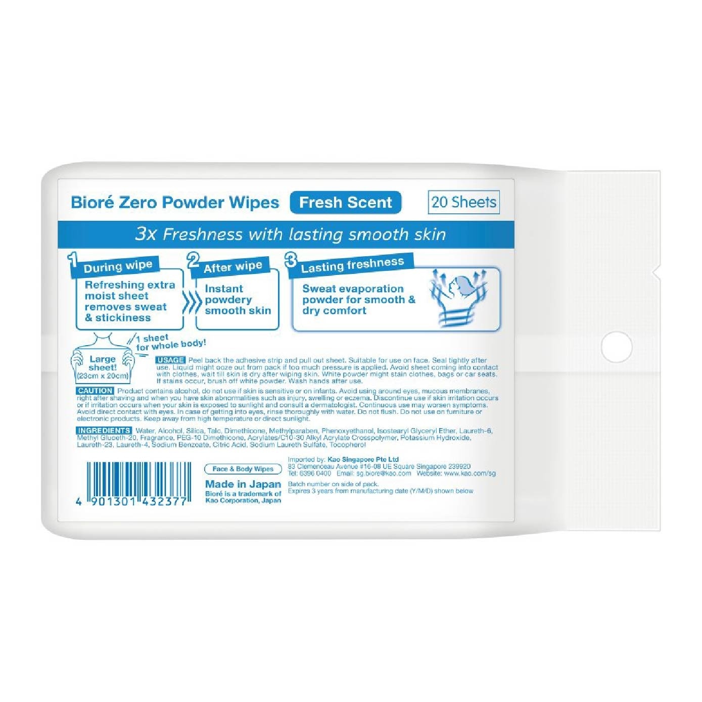 Zero Face & Body Powder Cool Wipes Sheet Fresh Scent 20s