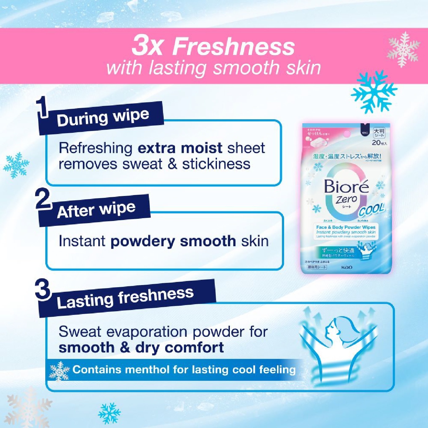 Zero Face & Body Powder Cool Wipes Sheet Fresh Scent 20s