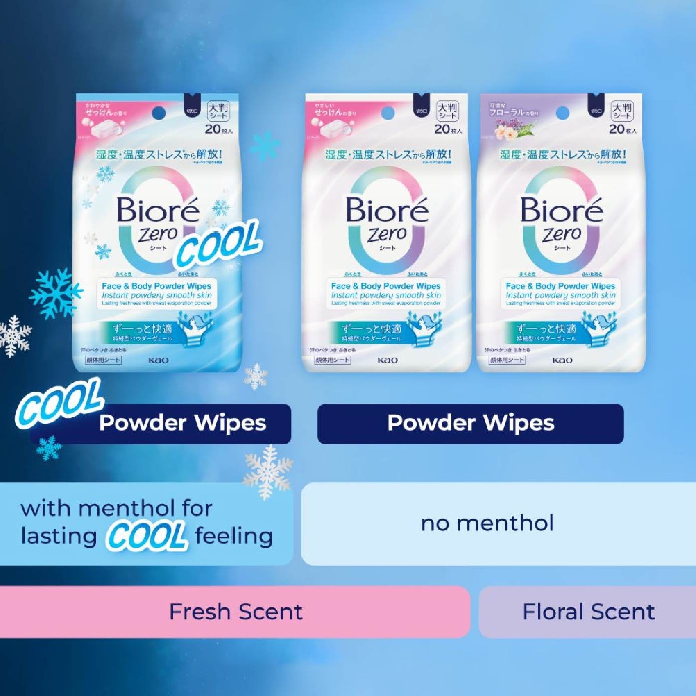 Zero Face & Body Powder Cool Wipes Sheet Fresh Scent 20s