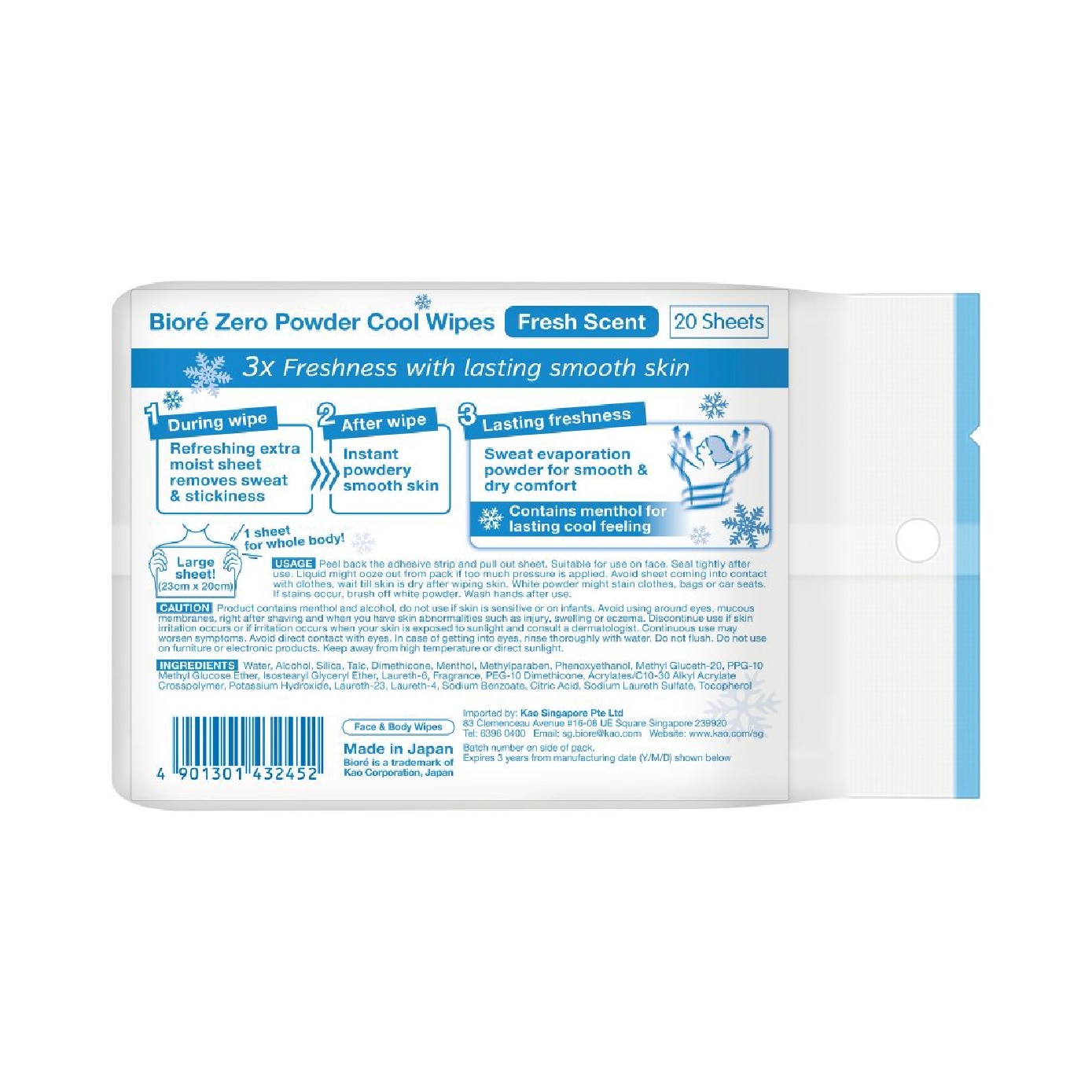 Zero Face & Body Powder Cool Wipes Sheet Fresh Scent 20s