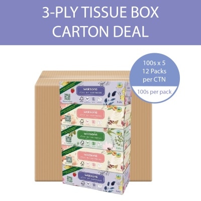 WATSONS X-Flower Velvety Soft Box Tissue (Strong & Absorbent, Dermatologically Tested) 3-Ply 100s x 5 Boxes x 12 (Per Carton)