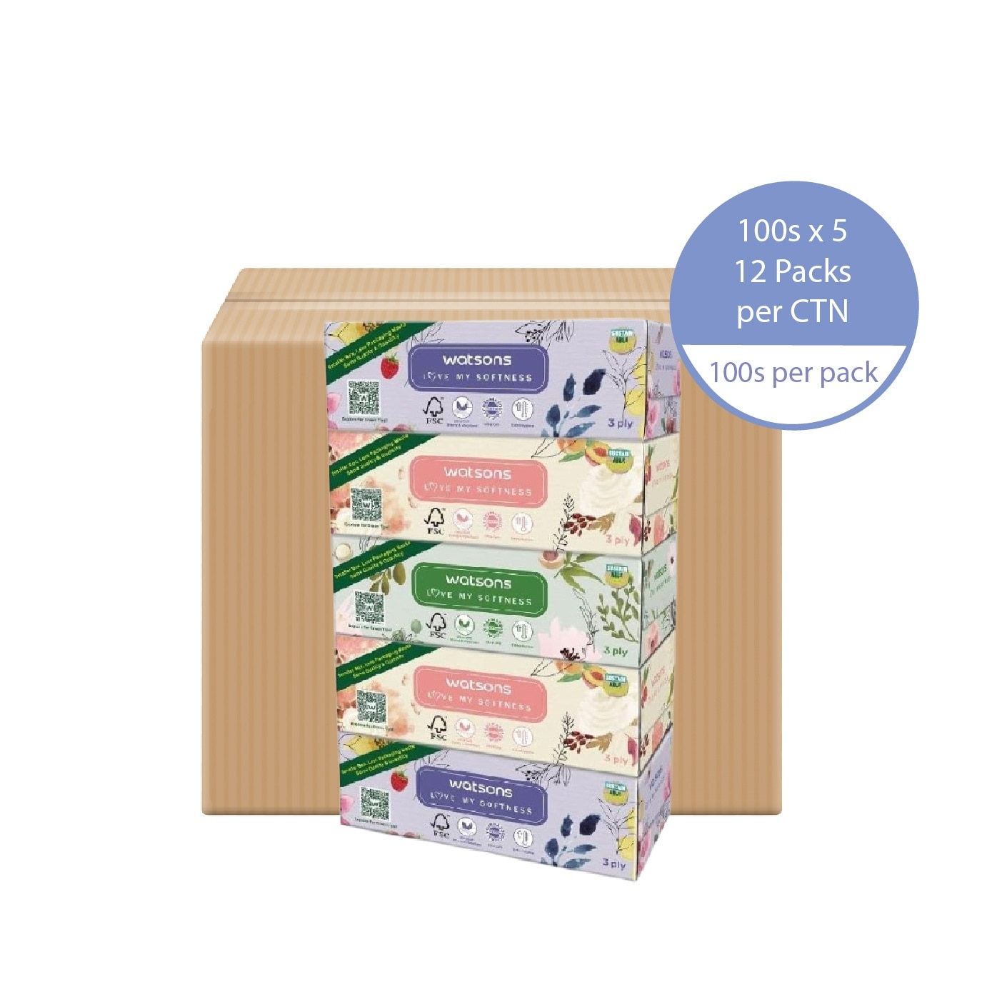 X-Flower Velvety Soft Box Tissue (Strong & Absorbent, Dermatologically Tested) 3-Ply 100s x 5 Boxes x 12 (Per Carton)