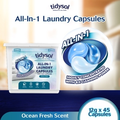 TIDYSOL All-In-1 Laundry Capsule Ocean Fresh (Highly Concentrated With 8x Cleaning Power) 12g x 45s