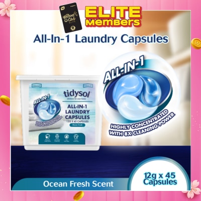 TIDYSOL All-In-1 Laundry Capsule Ocean Fresh (Highly Concentrated With 8x Cleaning Power) 12g x 45s