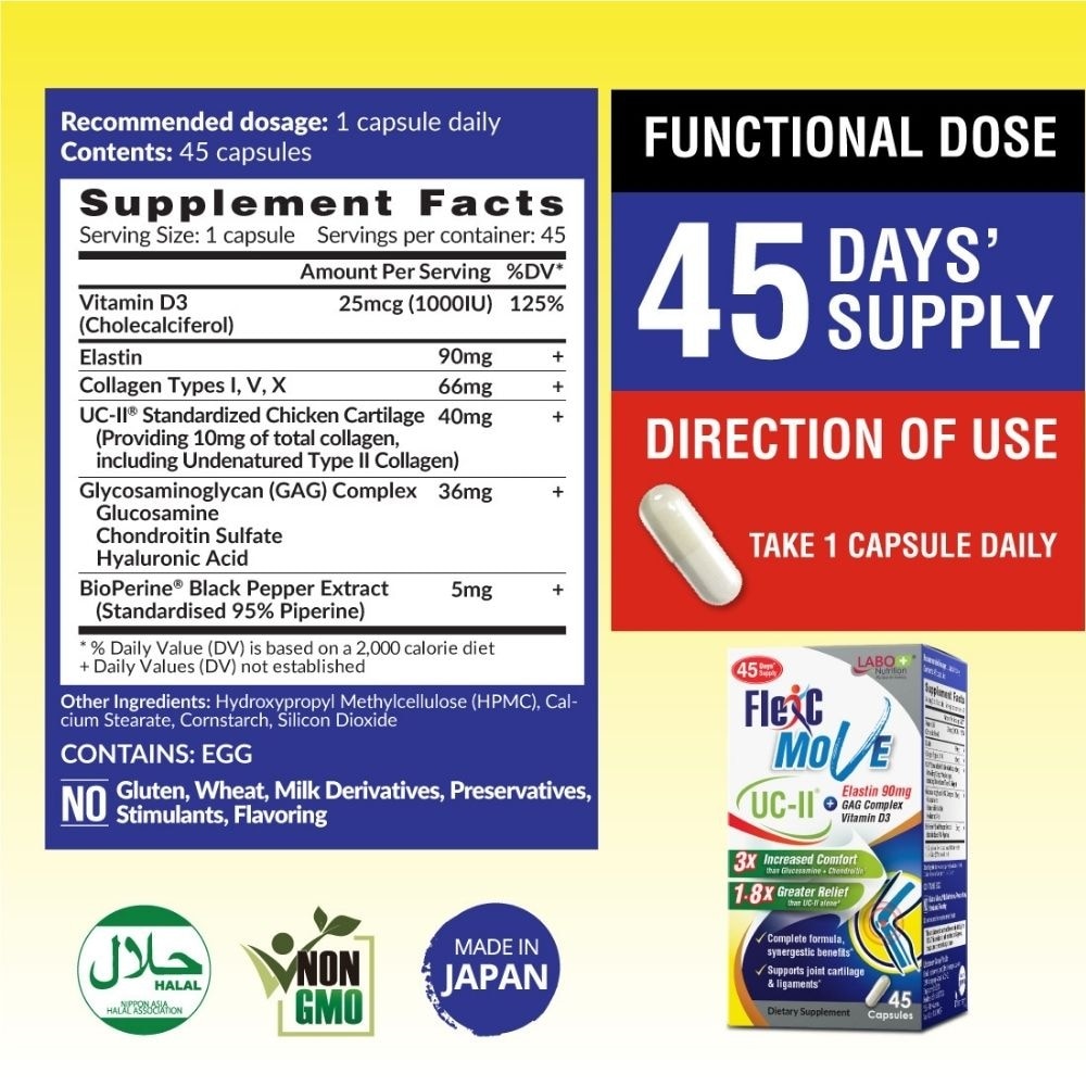 FlexC MOVE UC-II Collagen with Vitamin D3 & Elastin Supplement Capsule (Joint Mobility & Flexibility) 45s image