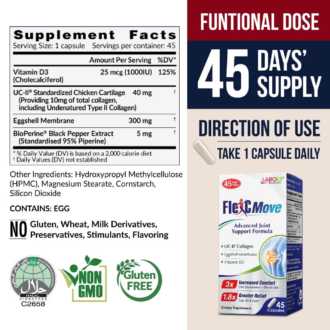 FlexC MOVE UC II Collagen with Vitamin D3 & Eggshell Membrane Supplement Capsule (Joint Mobility & Flexibility) 45s image
