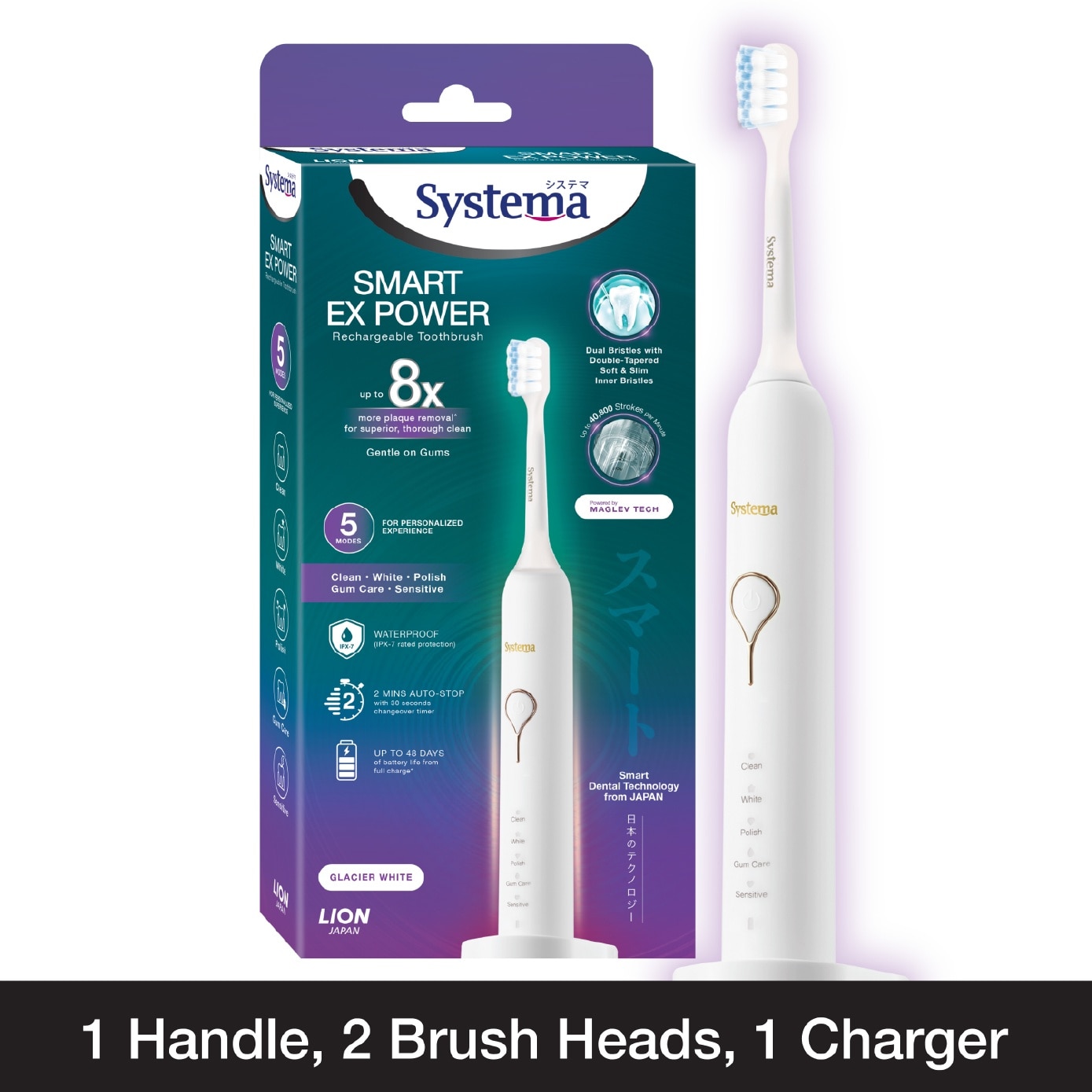Smart EX Power Rechargeable Toothbrush Glacier White (with 2 Brush Heads & Charger) 1s image
