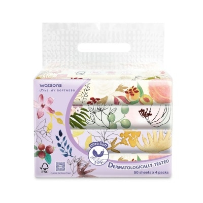 WATSONS X-Flower Velvety Soft Travel Tissue (Strong & Absorbent, Dermatologically Tested) 3-Ply 50s x 4 Packs