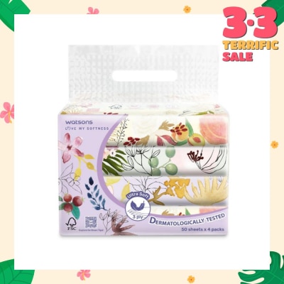 WATSONS X-Flower Velvety Soft Travel Tissue (Strong & Absorbent, Dermatologically Tested) 3-Ply 50s x 4 Packs