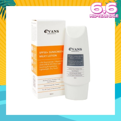 EVANS Dermalogical SPF50+ Sunscreen Milky Lotion UVA/UVB & HEV Blue Light (Soothing, Hydrating & For All Types Of Sensitive Skin) 50ml