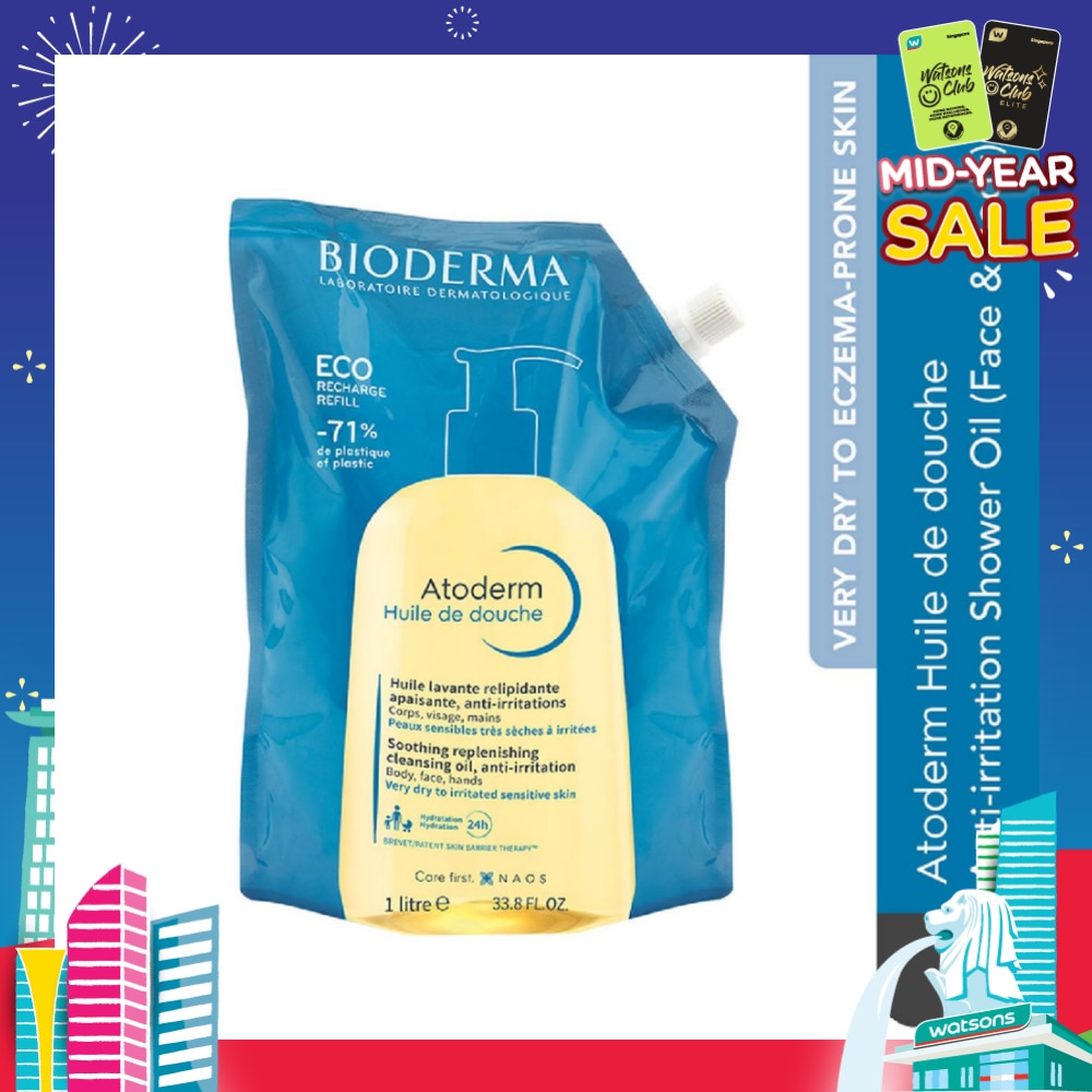 Atoderm Huile de douche Anti-Irritation Face & Body Cleansing Shower Oil Eco Refill Pack 1L