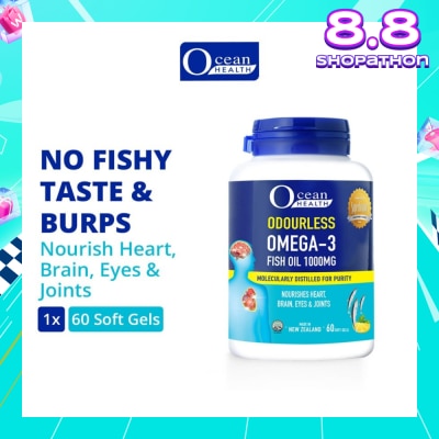 OCEAN HEALTH Odourless Omega-3 Fish Oil Softgel 1000mg (For Heart, Brain, Eyes & Joints + Halal) 60s