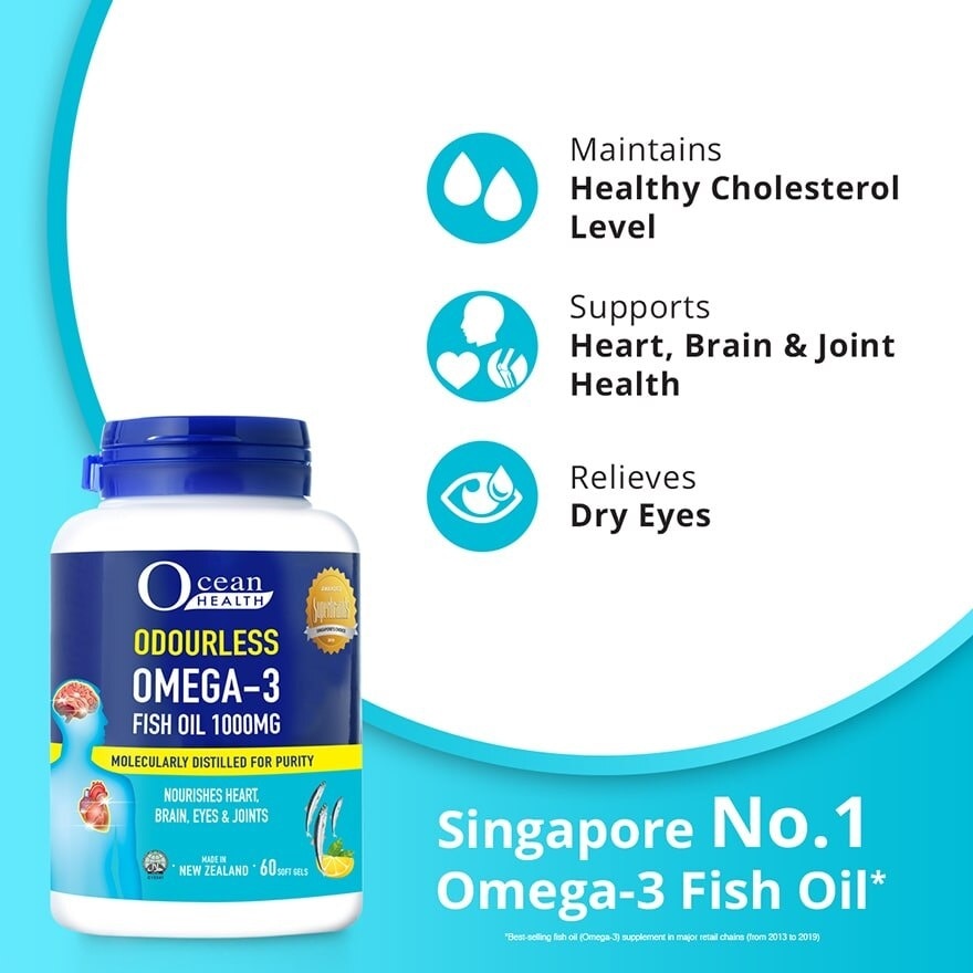 Odourless Omega-3 Fish Oil Softgel 1000mg (For Heart, Brain, Eyes & Joints + Halal) 60s